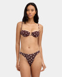 Billabong Hot Shot Remi Tri Bikini Top in Teak front view showcasing the flattering triangle bikini silhouette adjustable sliding cups soft crepe-textured stretch fabric delicate pineapple charm at the centre front and rich earthy brown colourway, sold by Point Break Cambridge local family surf shop at 63 Duke Street.