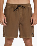 Billabong Mens All Day Overdyed Layback 17 inch Boardshorts in Coffee Bean brown front view showing the comfortable elastic waistband adjustment drawcord and subtle lower leg brand logo detail, sold by Point Break Cambridge local family surf shop at 63 Duke street.
