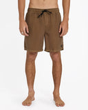 Billabong Mens All Day Overdyed Layback 17 inch Boardshorts in Coffee Bean brown front view showing the comfortable elastic waistband adjustment drawcord and subtle lower leg brand logo detail, sold by Point Break Cambridge local family surf shop at 63 Duke street.