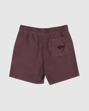 Billabong Mens All Day Overdyed Layback 17 inch Boardshorts in Port burgundy wine back view showing the secure rear patch pocket and premium quick dry performance flatlock seam stitching layouts, sold by Point Break Cambridge local family surf shop at 63 Duke street.
