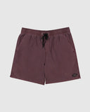 Billabong Mens All Day Overdyed Layback 17 inch Boardshorts in Port burgundy wine front view showing the comfortable elastic waistband adjustment drawcord and subtle lower leg brand logo detail, sold by Point Break Cambridge local family surf shop at 63 Duke street.