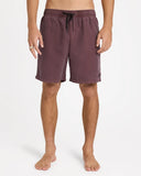 Billabong Mens All Day Overdyed Layback 17 inch Boardshorts in Port burgundy wine front view showing the comfortable elastic waistband adjustment drawcord and subtle lower leg brand logo detail, sold by Point Break Cambridge local family surf shop at 63 Duke street.