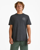 Billabong Mens Big Wave Daz T-Shirt in Black front view showing the comfortable ribbed crew neck and signature chest brand graphic logo print, sold by Point Break Cambridge local family surf shop at 63 Duke street.