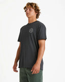 Billabong Mens Big Wave Daz T-Shirt in Black side profile view showing the comfortable casual short sleeve length and clean flat stitched hemline alignment, sold by Point Break Cambridge local family surf shop at 63 Duke street.