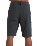 Billabong Mens Crossfire Hybrid Walkshorts in Asphalt close up view highlighting the premium recycled polyester four-way stretch fabric texture Micro Repel quick-dry finish internal jacquard waistband detailed stitching and signature Billabong wave label, sold by Point Break Cambridge local family surf shop at 63 Duke Street.