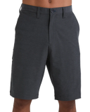 Billabong Mens Crossfire Hybrid Walkshorts in Asphalt close up view highlighting the premium recycled polyester four-way stretch fabric texture Micro Repel quick-dry finish internal jacquard waistband detailed stitching and signature Billabong wave label, sold by Point Break Cambridge local family surf shop at 63 Duke Street.