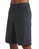 Billabong Mens Crossfire Hybrid Walkshorts in Asphalt close up view highlighting the premium recycled polyester four-way stretch fabric texture Micro Repel quick-dry finish internal jacquard waistband detailed stitching and signature Billabong wave label, sold by Point Break Cambridge local family surf shop at 63 Duke Street.