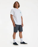 Billabong Mens Crossfire Hybrid Walkshorts in Black front view showing the comfortable fixed waistband traditional button closure zip fly layout and deep side hand pocket entry lines, sold by Point Break Cambridge local family surf shop at 63 Duke street.