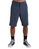 Billabong Mens Crossfire Hybrid Walkshorts in Navy blue front view showing the comfortable fixed waistband traditional button closure zip fly layout and deep side hand pocket entry lines, sold by Point Break Cambridge local family surf shop at 63 Duke street.