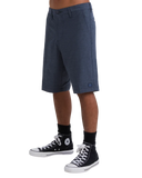 Billabong Mens Crossfire Hybrid Walkshorts in Navy blue side profile view highlighting the modern active outseam hemline length and comfortable relaxed leg opening architecture, sold by Point Break Cambridge local family surf shop at 63 Duke street.