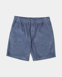 Billabong Mens Larry Corduroy Walkshorts in China Blue front view showing the comfortable textured cotton cord ridges elastic waistband adjustment drawcord and deep side pocket layout, sold by Point Break Cambridge local family surf shop at 63 Duke street.