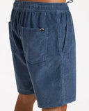 Billabong Mens Larry Corduroy Walkshorts in China Blue close up view highlighting the premium soft cotton wale corduroy fabric weave texture detailed drawcord tips and subtle embroidered brand logo accents, sold by Point Break Cambridge local family surf shop at 63 Duke street.