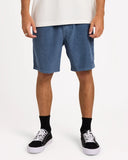 Billabong Mens Larry Corduroy Walkshorts in China Blue front view showing the comfortable textured cotton cord ridges elastic waistband adjustment drawcord and deep side pocket layout, sold by Point Break Cambridge local family surf shop at 63 Duke street.