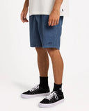 Billabong Mens Larry Corduroy Walkshorts in China Blue side profile view highlighting the comfortable outseam rise relaxed leg opening depth and clean lower hemline profile, sold by Point Break Cambridge local family surf shop at 63 Duke street.