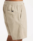 Billabong Mens Larry Corduroy Walkshorts in Stone tan close up view highlighting the premium soft cotton wale corduroy fabric weave texture detailed drawcord tips and subtle embroidered brand logo accents, sold by Point Break Cambridge local family surf shop at 63 Duke street.