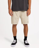 Billabong Mens Larry Corduroy Walkshorts in Stone tan front view showing the comfortable textured cotton cord ridges elastic waistband adjustment drawcord and deep side pocket layout, sold by Point Break Cambridge local family surf shop at 63 Duke street.