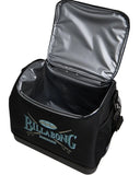 Billabong Mens Smoko Cooler in Black close up view highlighting the durable 600D polyester fabric texture insulated interior lining secure zip closures quality stitching padded shoulder strap hardware and distinctive branded patch detailing, sold by Point Break Cambridge local family surf shop at 63 Duke Street.