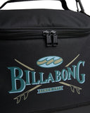 Billabong Mens Smoko Cooler in Black close up view highlighting the durable 600D polyester fabric texture insulated interior lining secure zip closures quality stitching padded shoulder strap hardware and distinctive branded patch detailing, sold by Point Break Cambridge local family surf shop at 63 Duke Street.