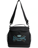 Billabong Mens Smoko Cooler in Black front view showcasing the practical insulated cooler bag silhouette durable 600D polyester construction spacious main zippered compartment convenient front storage pocket and signature branded patch detailing, sold by Point Break Cambridge local family surf shop at 63 Duke Street.