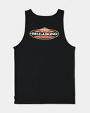 Billabong Mens Stringer Tank in Black back view highlighting the bold large centre back Billabong screen printed graphic soft cotton jersey construction comfortable regular fit and timeless black surfwear styling, sold by Point Break Cambridge local family surf shop at 63 Duke Street.