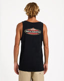 Billabong Mens Stringer Tank in Black back view highlighting the bold large centre back Billabong screen printed graphic soft cotton jersey construction comfortable regular fit and timeless black surfwear styling, sold by Point Break Cambridge local family surf shop at 63 Duke Street.