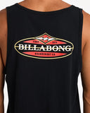 Billabong Mens Stringer Tank in Black close up view highlighting the premium 180gsm cotton jersey fabric texture quality stitching classic neckline construction and detailed Billabong screen printed artwork, sold by Point Break Cambridge local family surf shop at 63 Duke Street.