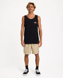 Billabong Mens Stringer Tank in Black front view showcasing the classic sleeveless tank silhouette comfortable regular fit soft 100% cotton jersey fabric and signature Billabong left chest screen print, sold by Point Break Cambridge local family surf shop at 63 Duke Street.