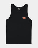 Billabong Mens Stringer Tank in Black front view showcasing the classic sleeveless tank silhouette comfortable regular fit soft 100% cotton jersey fabric and signature Billabong left chest screen print, sold by Point Break Cambridge local family surf shop at 63 Duke Street.