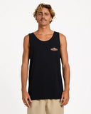 Billabong Mens Stringer Tank in Black front view showcasing the classic sleeveless tank silhouette comfortable regular fit soft 100% cotton jersey fabric and signature Billabong left chest screen print, sold by Point Break Cambridge local family surf shop at 63 Duke Street.