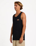 Billabong Mens Stringer Tank in Black side profile view showcasing the comfortable sleeveless arm openings relaxed regular fit lightweight 180gsm cotton jersey construction and classic coastal-inspired tank top silhouette, sold by Point Break Cambridge local family surf shop at 63 Duke Street.