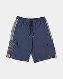 Billabong Mens Throw On 3.0 22 inch Boardshorts in Dusty Indigo blue front view showing the comfortable elastic waistband adjustment drawcord and secure side hand pockets layout, sold by Point Break Cambridge local family surf shop at 63 Duke street.