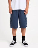 Billabong Mens Throw On 3.0 22 inch Boardshorts in Dusty Indigo blue front view showing the comfortable elastic waistband adjustment drawcord and secure side hand pockets layout, sold by Point Break Cambridge local family surf shop at 63 Duke street.