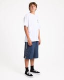 Billabong Mens Throw On 3.0 22 inch Boardshorts in Dusty Indigo blue side profile view highlighting the extra-long 22 outseam hemline rise and comfortable relaxed leg opening architecture, sold by Point Break Cambridge local family surf shop at 63 Duke street.