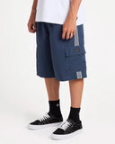 Billabong Mens Throw On 3.0 22 inch Boardshorts in Dusty Indigo blue side profile view highlighting the extra-long 22 outseam hemline rise and comfortable relaxed leg opening architecture, sold by Point Break Cambridge local family surf shop at 63 Duke street.