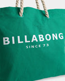 Billabong Pacific Beach Bag in Summer Green close up view highlighting the premium textured woven fabric weave pattern secure internal zipper pocket lining and detailed brand badge hardware, sold by Point Break Cambridge local family surf shop at 63 Duke street.