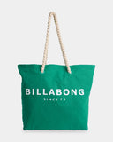 Billabong Pacific Beach Bag in Summer Green front view showing the textured woven straw exterior paneling comfortable dual carry straps and metal brand logo badge layout, sold by Point Break Cambridge local family surf shop at 63 Duke street.