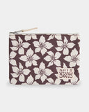 Billabong Playa Sol Make Up Case in Teak front view showcasing the compact cosmetic pouch silhouette distinctive chocolate and neutral floral print durable recycled polyester fabric and signature Billabong flower rubber logo, sold by Point Break Cambridge local family surf shop at 63 Duke Street.