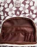 Billabong Playa Sol Roadie Backpack in Teak close up view highlighting the premium 600D recycled polyester fabric texture chocolate and neutral floral pattern quality stitching secure zippered compartments and signature Billabong flower rubber logo patch, sold by Point Break Cambridge local family surf shop at 63 Duke Street.