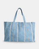 Billabong Salt Air Stripe Tote Bag in Powder Blue back view highlighting the classic vintage-washed striped cotton canvas design spacious rectangular tote silhouette reinforced fabric construction and practical everyday beach bag styling, sold by Point Break Cambridge local family surf shop at 63 Duke Street.