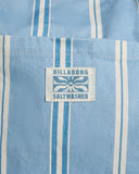 Billabong Salt Air Stripe Tote Bag in Powder Blue close up view highlighting the premium 100% cotton canvas fabric texture vintage-washed stripe print quality stitching signature Billabong woven logo patch and detachable interior storage pouch, sold by Point Break Cambridge local family surf shop at 63 Duke Street.