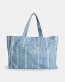 Billabong Salt Air Stripe Tote Bag in Powder Blue front view showcasing the spacious cotton canvas construction vintage-washed blue stripe pattern comfortable shoulder straps and signature Billabong woven logo patch, sold by Point Break Cambridge local family surf shop at 63 Duke Street.