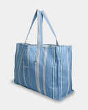 Billabong Salt Air Stripe Tote Bag in Powder Blue side profile view showcasing the generous 20cm bag depth durable cotton canvas construction fixed shoulder straps and relaxed vintage-inspired coastal tote silhouette, sold by Point Break Cambridge local family surf shop at 63 Duke Street.