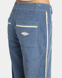 Close-up detail of the breathable stone blue cotton-chord fabric, belt loops, pockets with white stripe detail and billabong logo on the back pocket. White stripe down the hem of the leg.