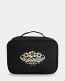 Billabong Seeker Beauty Vanity Case in Off Black front view showing the structured canvas paneling secure zipper closure tracking and iconic woven brand logo patch layout, sold by Point Break Cambridge local family surf shop at 63 Duke street.