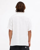 Billabong Sundays Jacquard Short Sleeve Shirt in Off White back view showing the relaxed straight shoulder yoke paneling flat back profile drape and clean double-needle perimeter lower hemline stitching layout, sold by Point Break Cambridge local family surf shop at 63 Duke street.