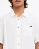 Billabong Sundays Jacquard Short Sleeve Shirt in Off White close up view highlighting the premium soft cotton weave jacquard geometric pattern fabric texture custom tonal buttons and reinforced seam stitching finishes, sold by Point Break Cambridge local family surf shop at 63 Duke street.
