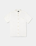 Billabong Sundays Jacquard Short Sleeve Shirt in Off White front view showing the comfortable traditional collar structured front button placket closure system and clean casual straight chest pocket layout, sold by Point Break Cambridge local family surf shop at 63 Duke street.