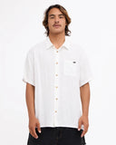 Billabong Sundays Jacquard Short Sleeve Shirt in Off White front view showing the comfortable traditional collar structured front button placket closure system and clean casual straight chest pocket layout, sold by Point Break Cambridge local family surf shop at 63 Duke street.