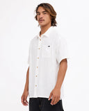Billabong Sundays Jacquard Short Sleeve Shirt in Off White side profile view highlighting the comfortable regular sleeve length rise clean side seam tracking lines and relaxed torso silhouette profile, sold by Point Break Cambridge local family surf shop at 63 Duke street.
