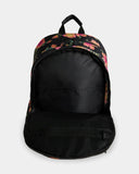 Billabong Sweet Tropics Roadie Backpack in Black Multi back view highlighting the comfortable padded adjustable shoulder straps reinforced mesh-padded back panel durable recycled polyester construction and practical everyday carrying design, sold by Point Break Cambridge local family surf shop at 63 Duke Street.
